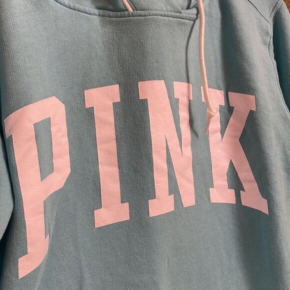 PINK Victorias Secret light blue pullover hoodie sweater, white logo, XS - Picture 2 of 7